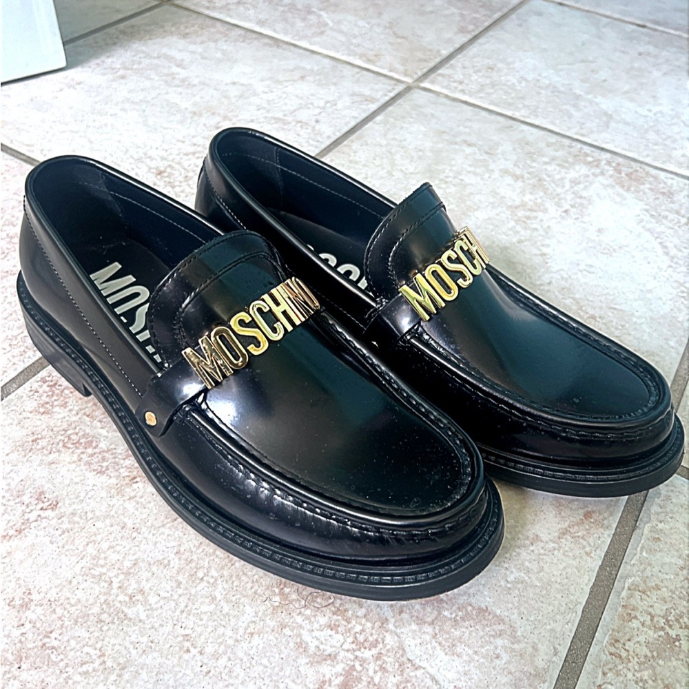Moschino Black Loafers with Gold Logo